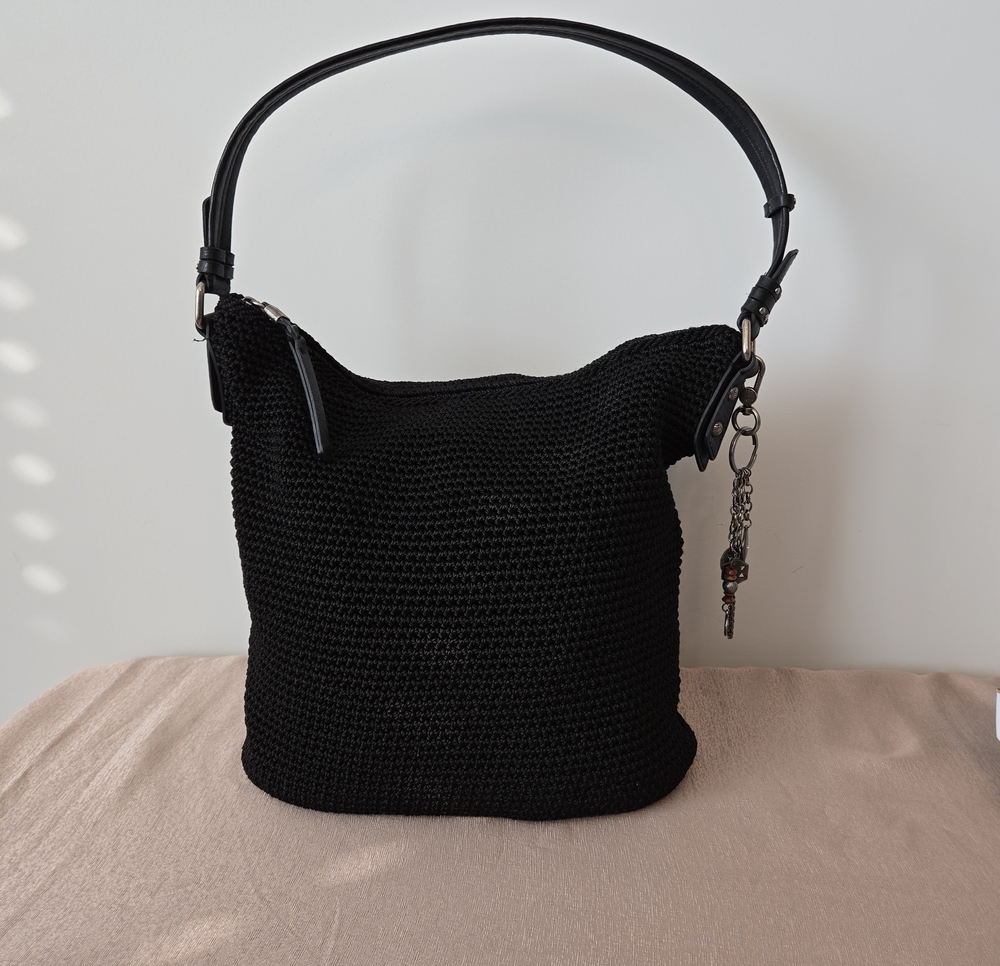 SAX Black Crochet Knit Hobo Shoulder Bag with Decorative Charm chain | Boho Chic